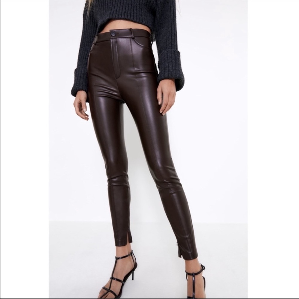 Zara Brown High Rise Faux Leather Pant
